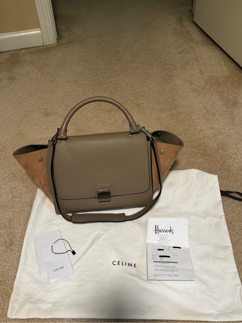 Preloved CELINE SMALL Trapeze Taupe Tan Colorblock with Harold receipt